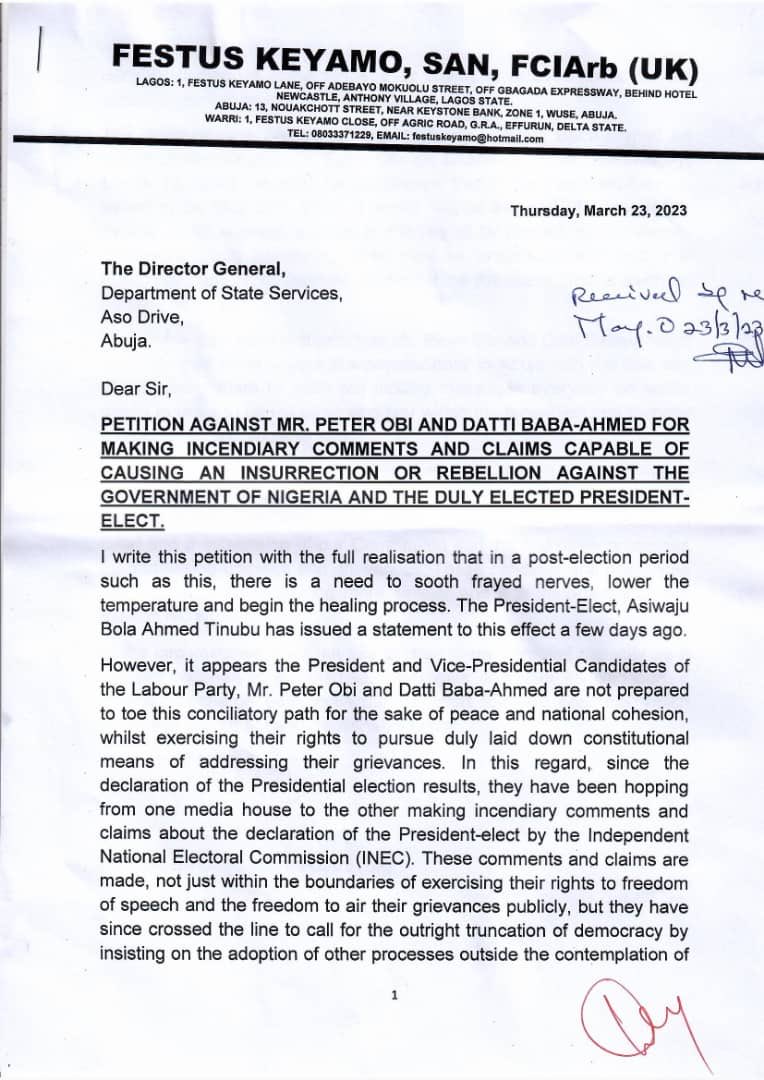Keyamo petition DSS against Obi Keyamo petition DSS against Obi